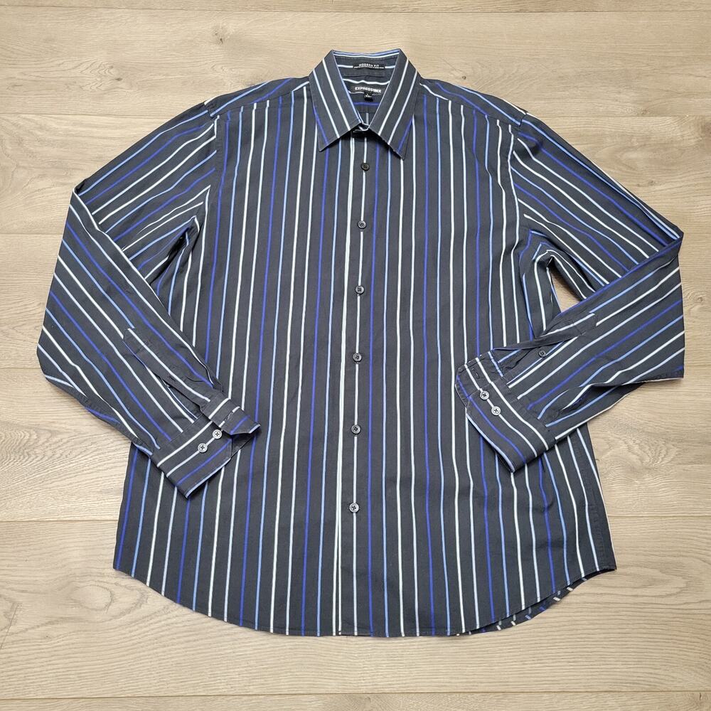 Express Shirt Mens Large Black Blue Striped Classiccore Preppy Career Workwear